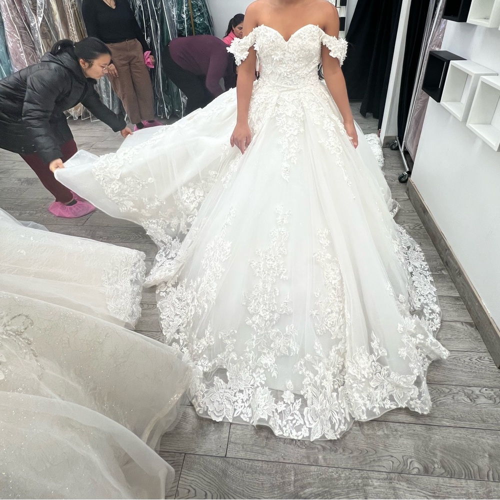 Wedding dress includes a petticoat, Tiara and matching cathedral veil. BALL GOWN